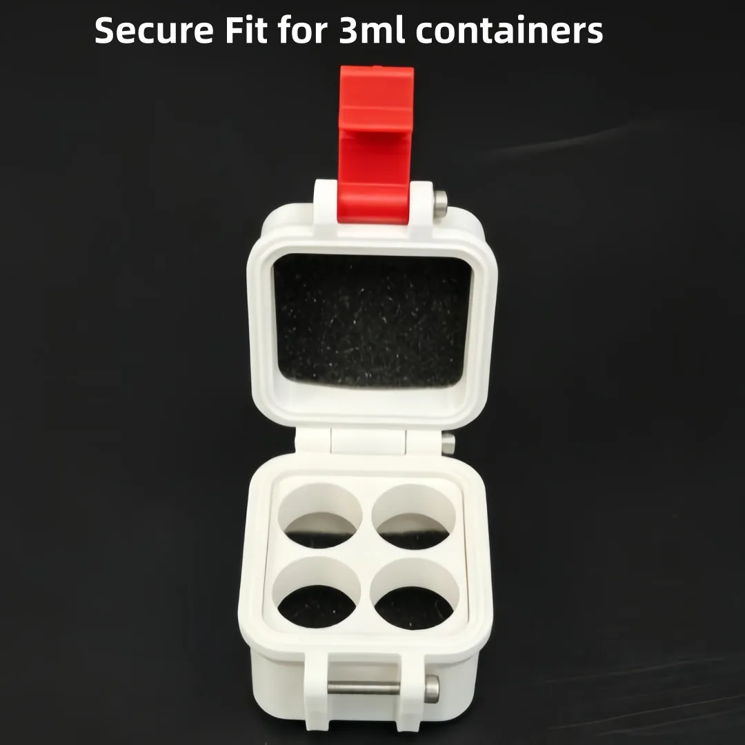 Open 3ml 4-slot vial holder showing EVA foam lid and four vial cavities